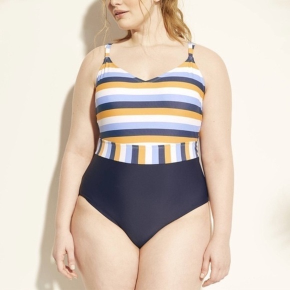 Kona Sol Blue Striped Strappy One Piece Swimsuit - Picture 1 of 5